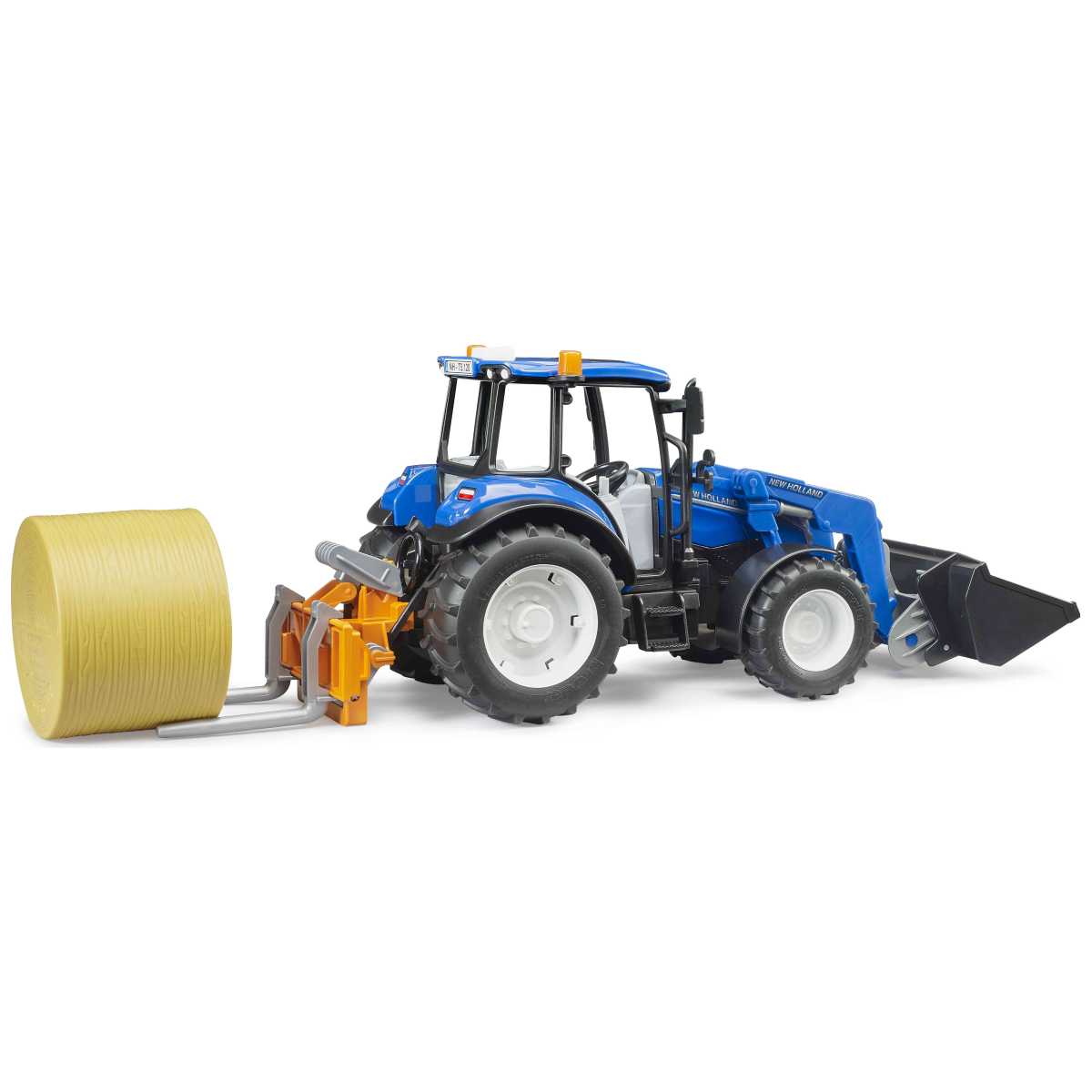 BRUDER 02187 New Holland T5.120 mit Frontlader, Ladekasten, Gabeln + 1 Rundballen