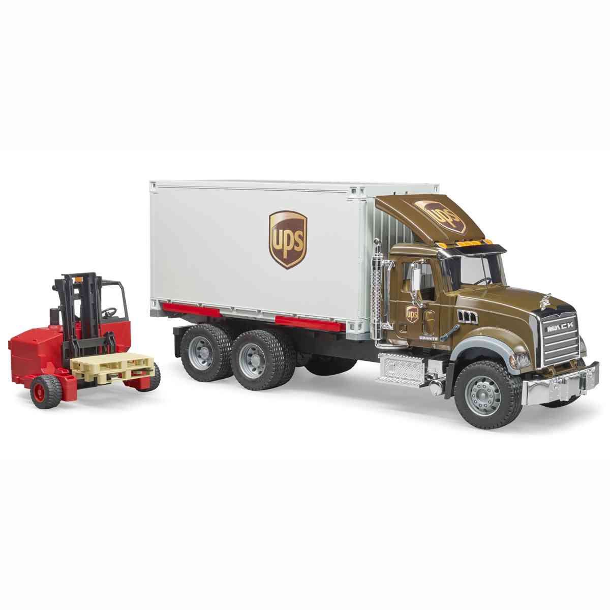 BRUDER 02828 MACK Granite UPS Logistik-LKW mit Mitnahmestapler