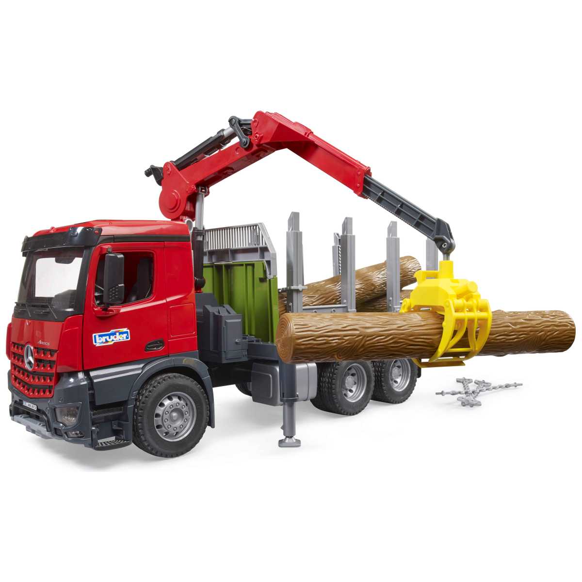 BRUDER 03669 MB Arocs Holztransport-LKW mit Ladekran, Greifer und 3 Baumstämme