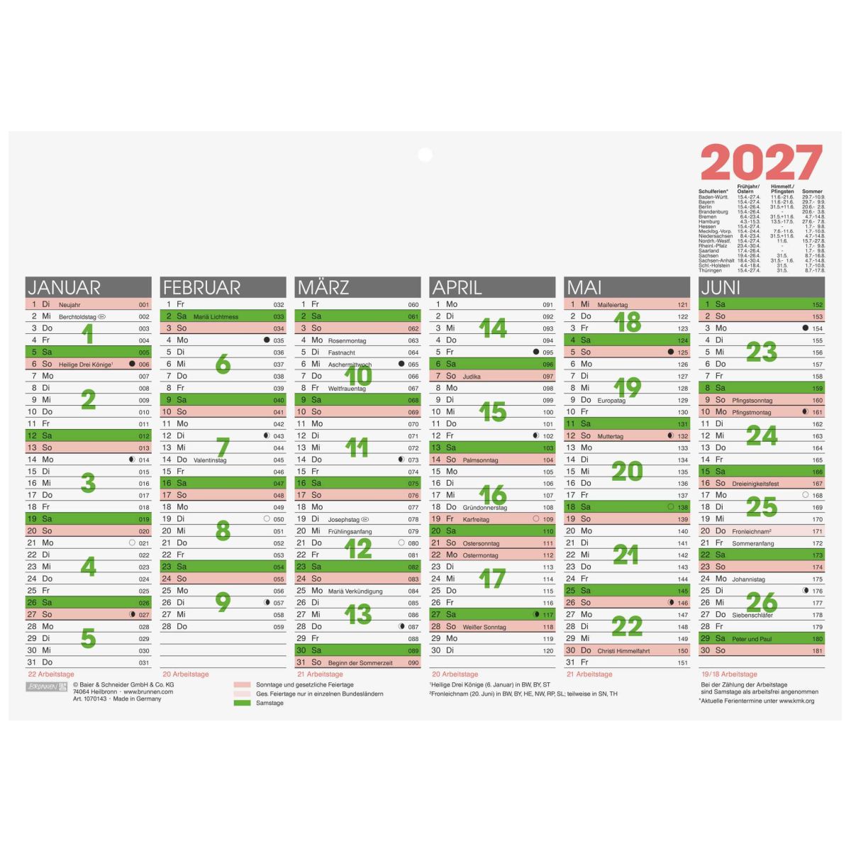 BRUNNEN Tafelkalender A4 quer 2027 1 Seite = 6 Monate mit Arbeitstagezählung