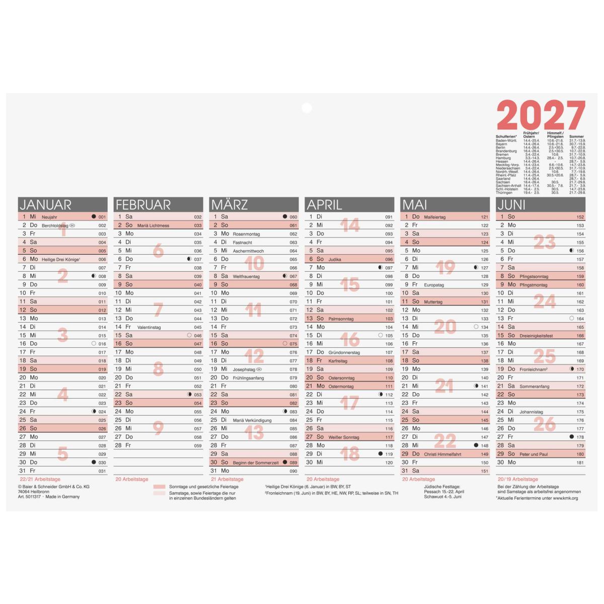 GLOCKEN Tafelkalender Jahresplaner Wandkalender A4 2027 | 1 Seite = 6 Monate