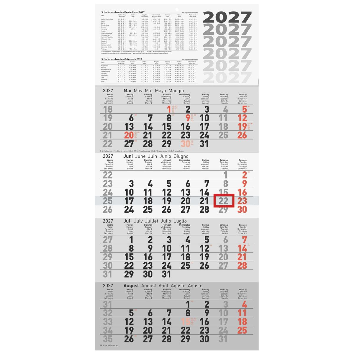 RIDO 4-Monatskalender 2027 grau 300×630 mm | 4 Monate = 1 Seite
