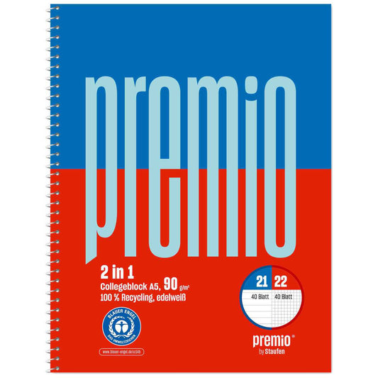 PREMIO Collegeblock Twice A5 40 Blatt kariert + 40 Blatt liniert