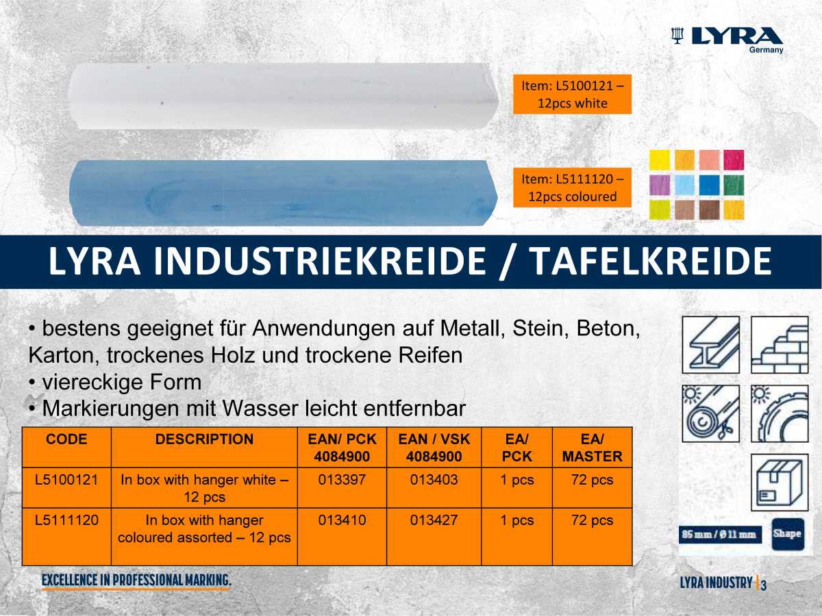 LYRA Industriekreide / Tafelkreide weiß 12x12mm 12 Stück ohne Papierhülle