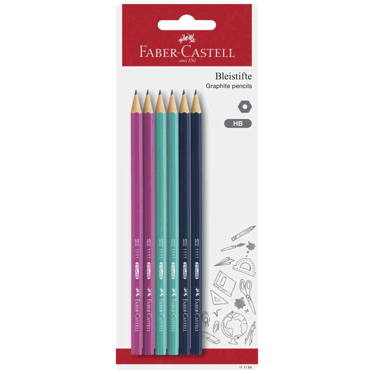FABER CASTELL Bleistift 1111 HB 6 Stück farbig sortiert