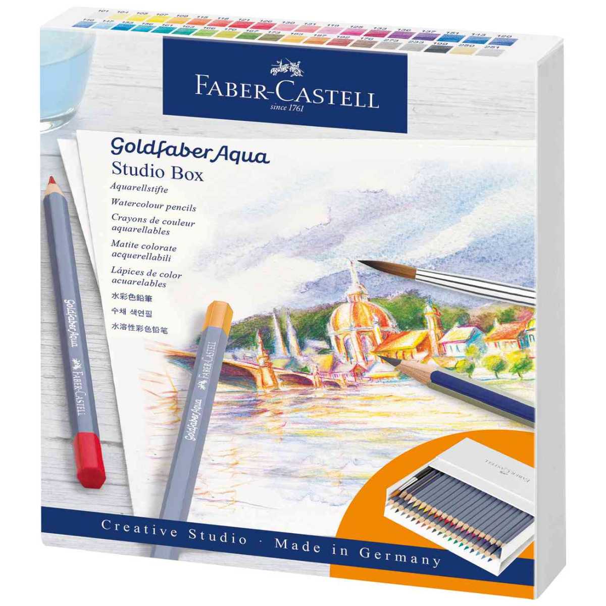 FABER CASTELL Aquarestft Goldfaber Aqua Atelierbox 36 Farben + Zubehör