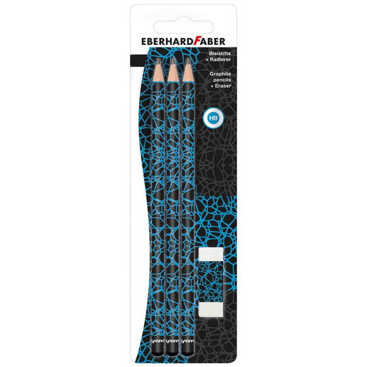 EBERHARD FABER 3x Design Bleistifte -SPARPACK- + Radierer neonblau