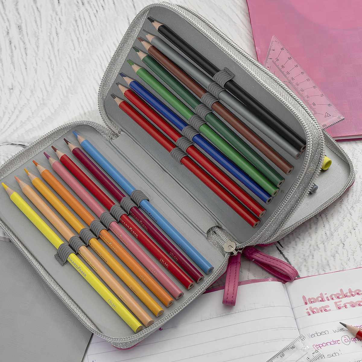 EBERHARD FABER Schüleretui Double Decker 24-teilig gefüllt LEDER pink
