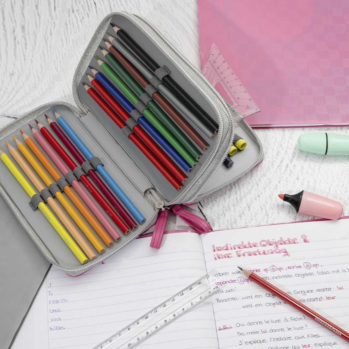 EBERHARD FABER Schüleretui Double Decker 24-teilig gefüllt LEDER pink