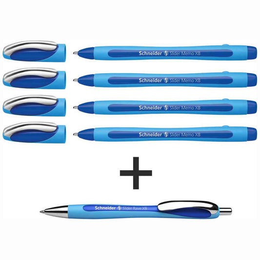 SCHNEIDER Kugelschreiber Slider Memo XB blau 4 Stück + Rave GRATIS