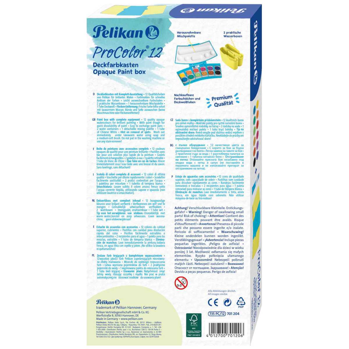 PELIKAN Deckfarbkasten ProColor türkis / neongelb 12 Farben + Deckweiss