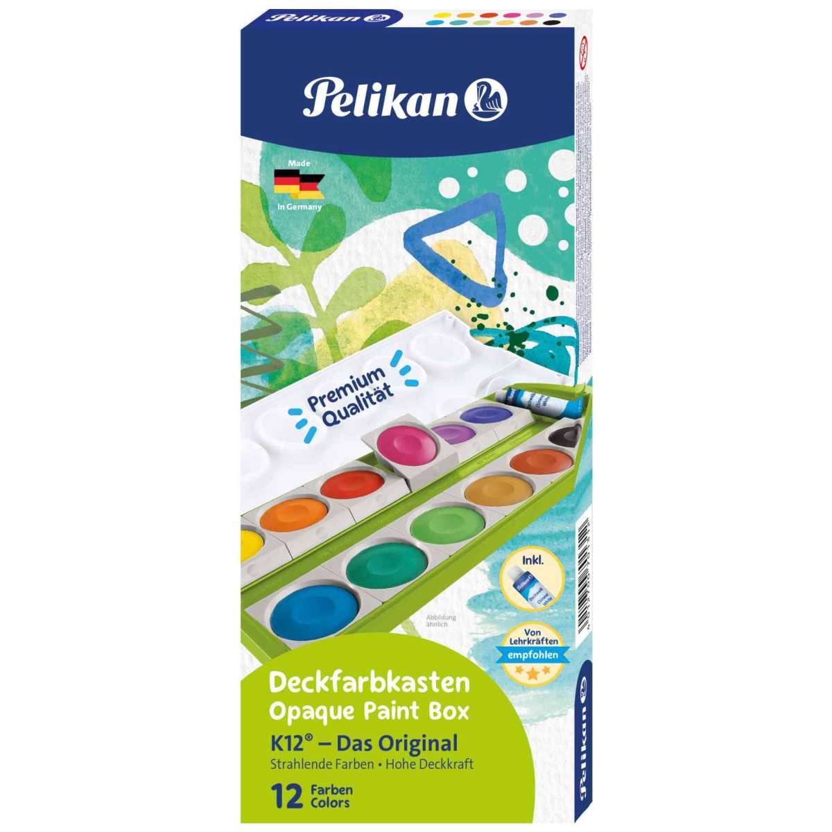 PELIKAN Malkarten / Deckfarbkasten K12 grün 12 Farben + Deckweiß