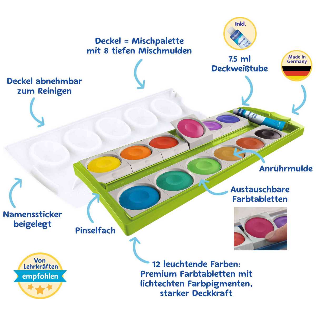 PELIKAN Malkarten / Deckfarbkasten K12 grün 12 Farben + Deckweiß