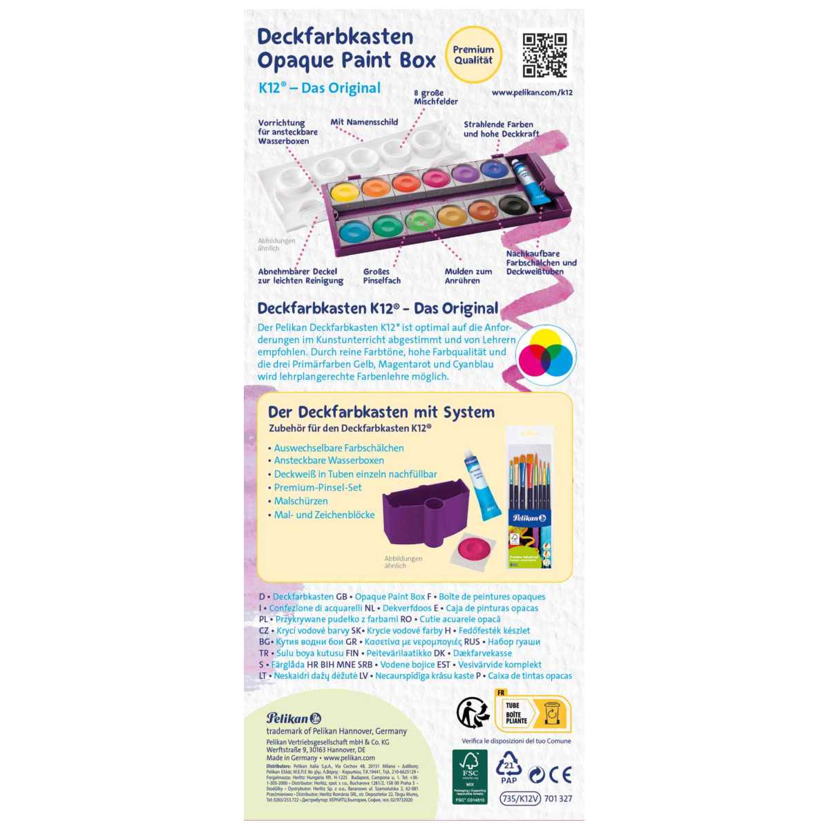 PELIKAN Malkarten / Deckfarbkasten K12 violett 12 Farben + Deckweiß