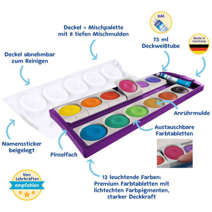 PELIKAN Malkarten / Deckfarbkasten K12 violett 12 Farben + Deckweiß