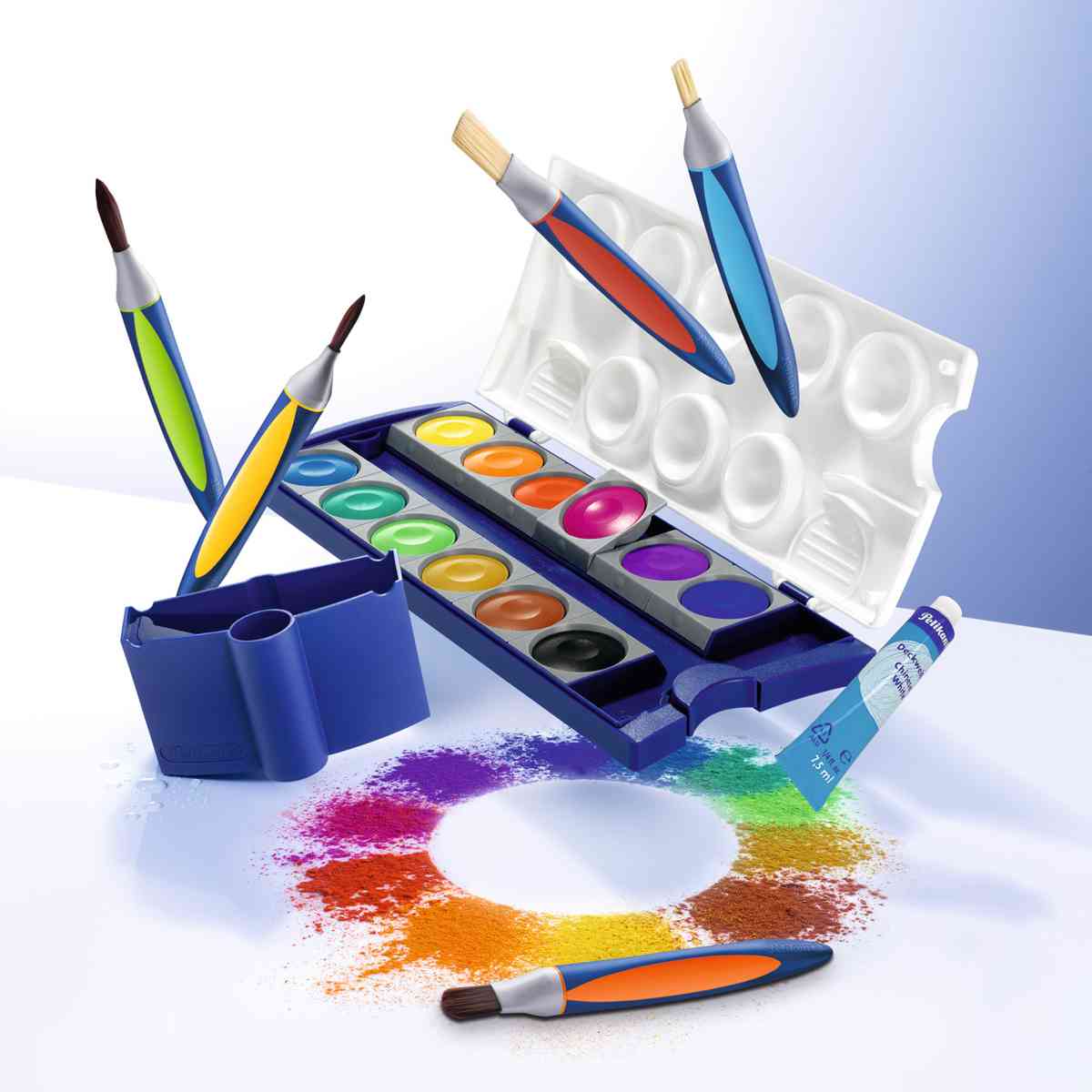 PELIKAN Malkarten / Deckfarbkasten K12 blau 12 Farben + Deckweiß