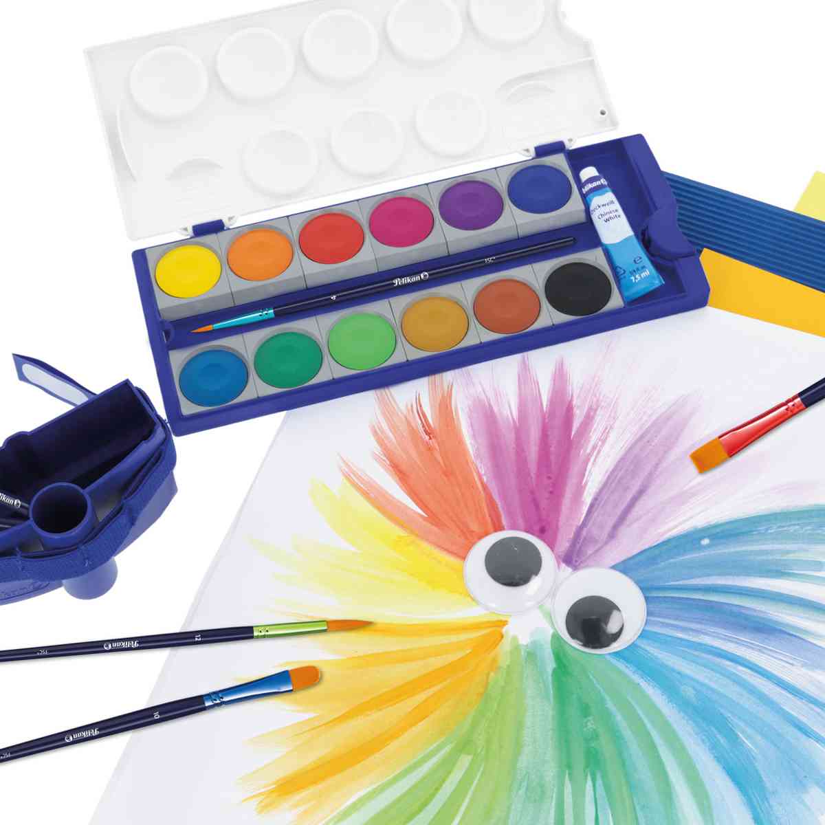 PELIKAN Malkarten / Deckfarbkasten K12 blau 12 Farben + Deckweiß