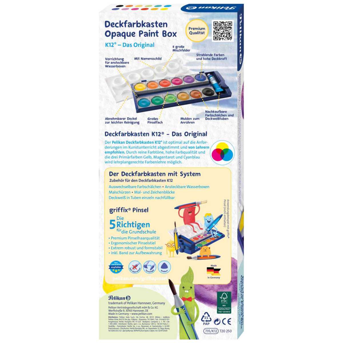 PELIKAN Malkarten / Deckfarbkasten K12 blau 12 Farben + Deckweiß