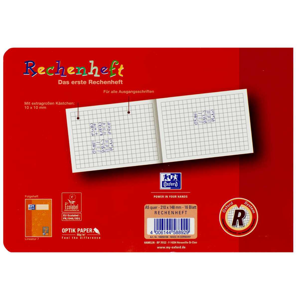 OXFORD / LANDRE Rechenheft / Zahlenheft A5 R quer kariert 16 Blatt