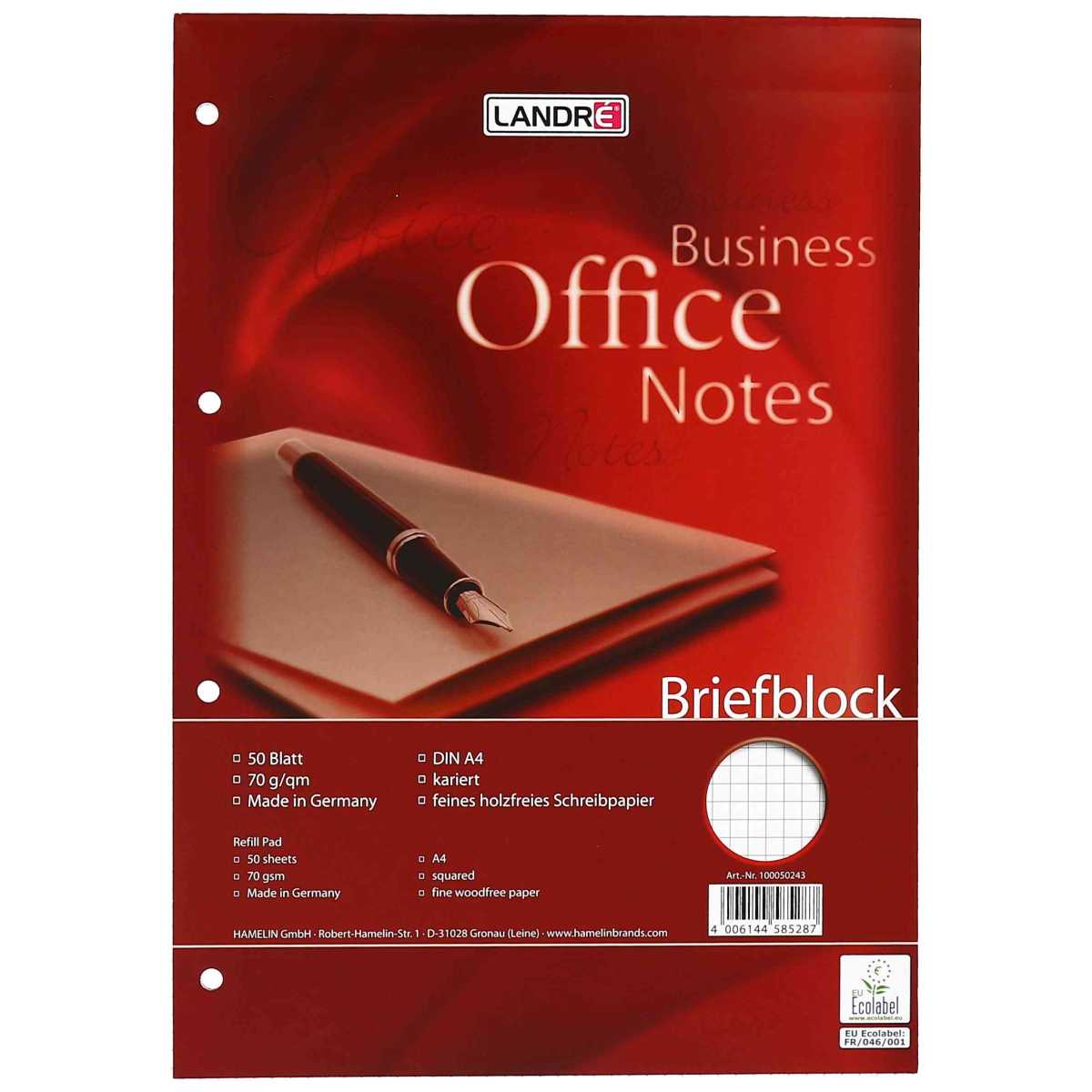 LANDRE Briefblock OFFICE A4 50 Blatt kariert 4-fach gelocht 10 Stück