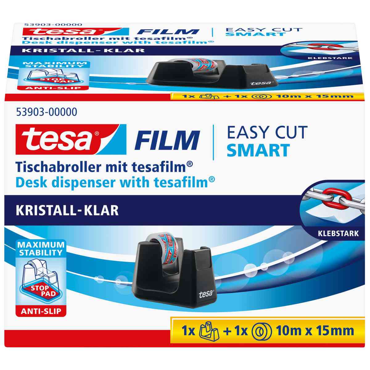 TESA Tischabroller Smart 53903 ecoLogo schwarz + 1 Rolle kristall-klar 10m x 15mm