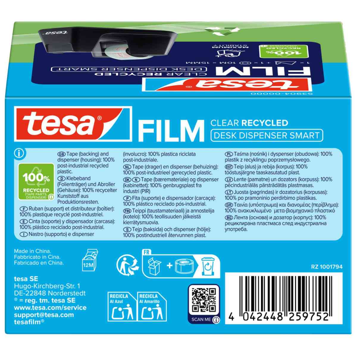 TESA Tischabroller Smart 53904 schwarz ecoLogo + 1 Rolle Eco&Clear 10m x 15mm