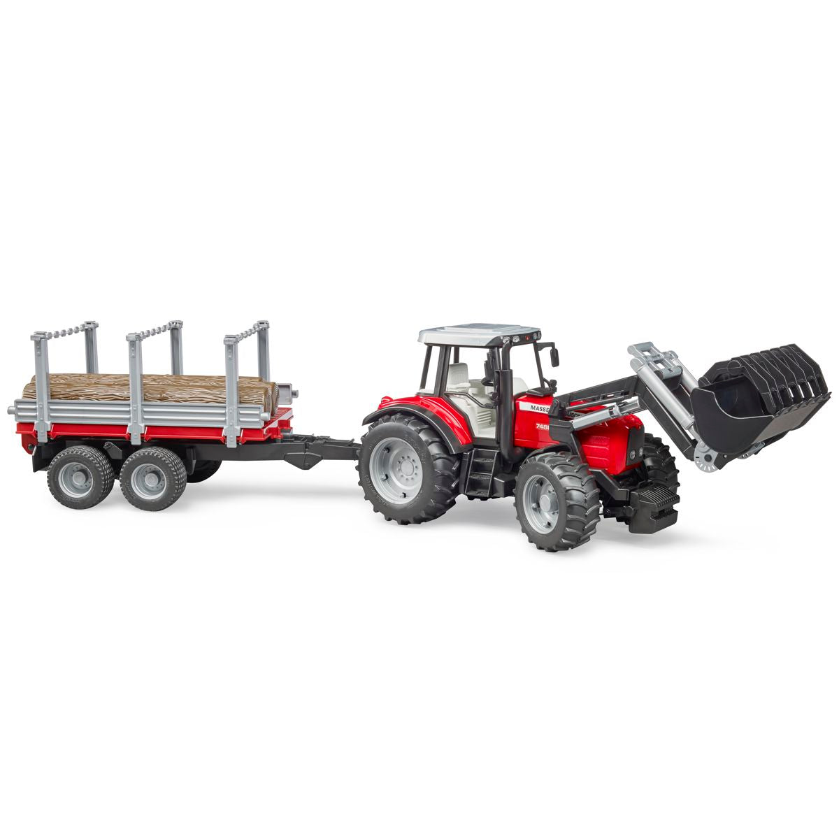 BRUDER 02046 Massey Ferguson 7480 mit Frontlader und Holztransportanhänger und 3 Baumstämmen