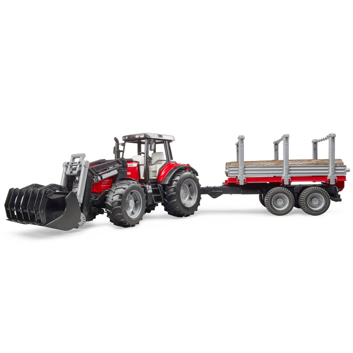 BRUDER 02046 Massey Ferguson 7480 mit Frontlader und Holztransportanhänger und 3 Baumstämmen