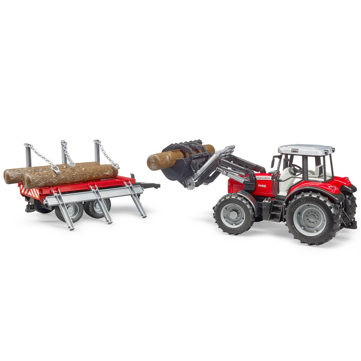 BRUDER 02046 Massey Ferguson 7480 mit Frontlader und Holztransportanhänger und 3 Baumstämmen
