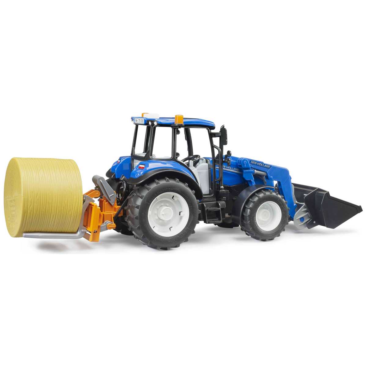 BRUDER 02187 New Holland T5.120 mit Frontlader, Ladekasten, Gabeln + 1 Rundballen
