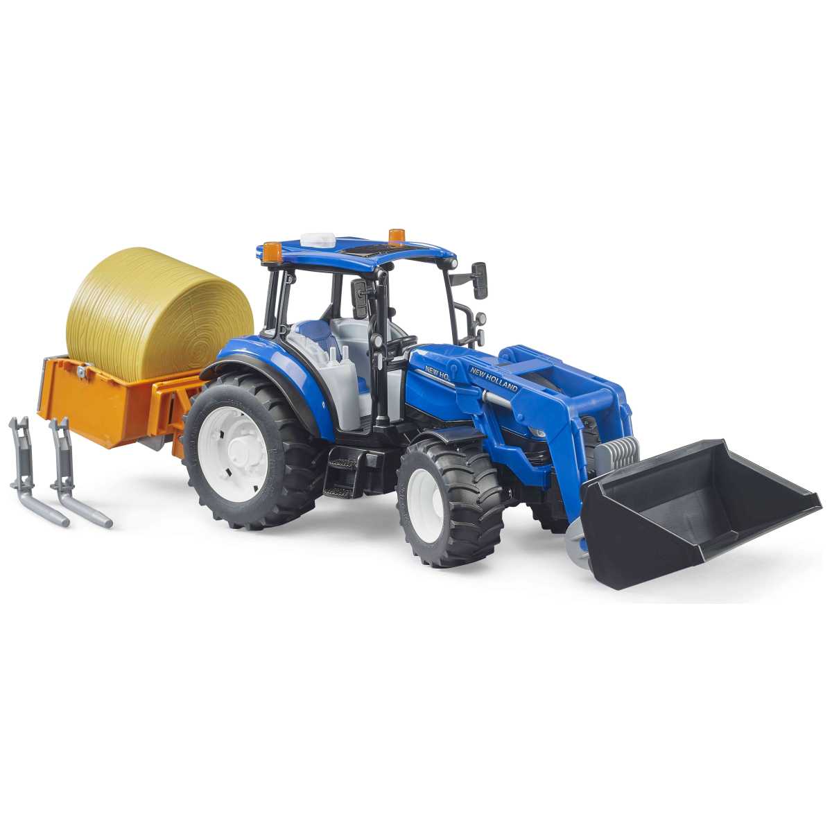 BRUDER 02187 New Holland T5.120 mit Frontlader, Ladekasten, Gabeln + 1 Rundballen