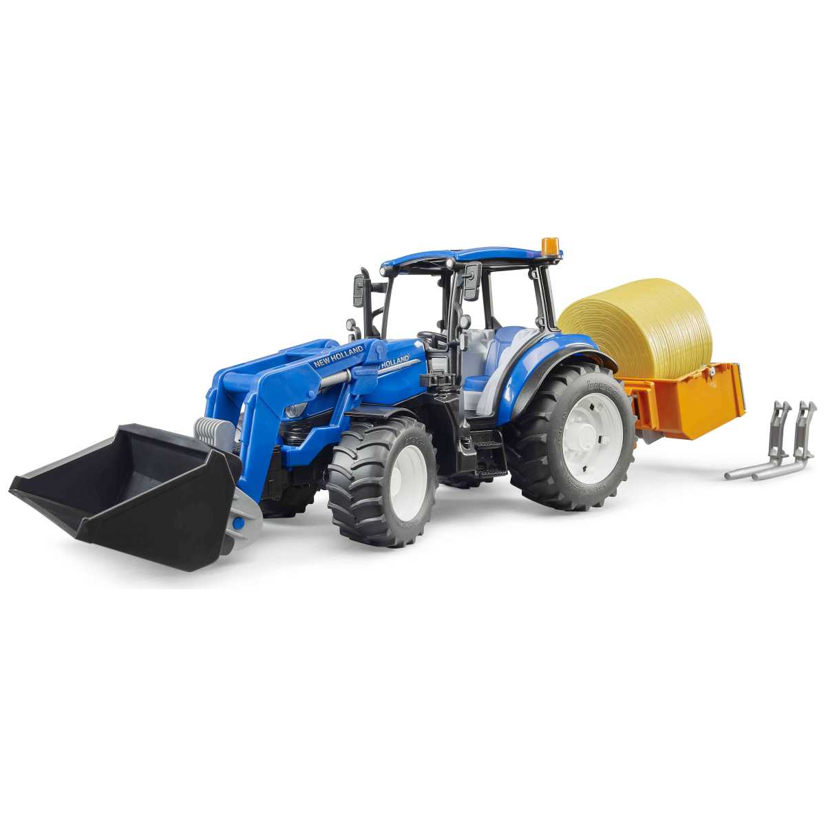 BRUDER 02187 New Holland T5.120 mit Frontlader, Ladekasten, Gabeln + 1 Rundballen
