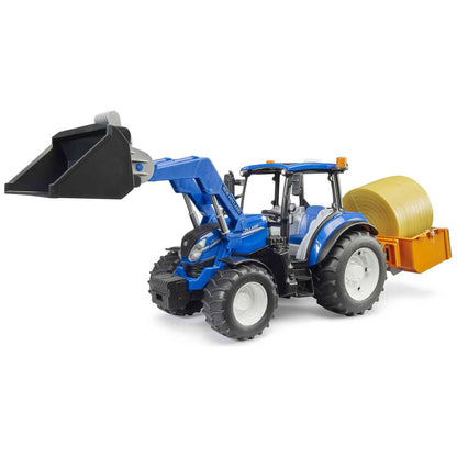 BRUDER 02187 New Holland T5.120 mit Frontlader, Ladekasten, Gabeln + 1 Rundballen