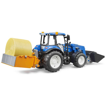 BRUDER 02187 New Holland T5.120 mit Frontlader, Ladekasten, Gabeln + 1 Rundballen