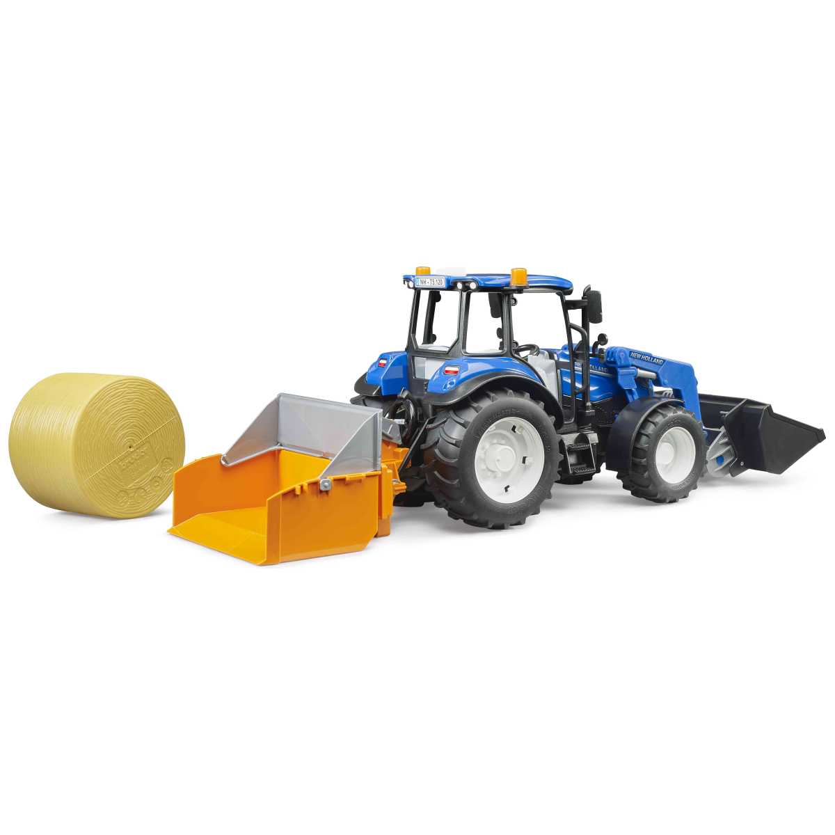 BRUDER 02187 New Holland T5.120 mit Frontlader, Ladekasten, Gabeln + 1 Rundballen
