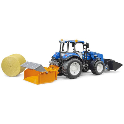 BRUDER 02187 New Holland T5.120 mit Frontlader, Ladekasten, Gabeln + 1 Rundballen