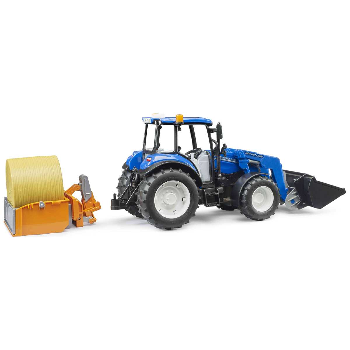BRUDER 02187 New Holland T5.120 mit Frontlader, Ladekasten, Gabeln + 1 Rundballen