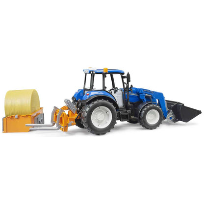 BRUDER 02187 New Holland T5.120 mit Frontlader, Ladekasten, Gabeln + 1 Rundballen