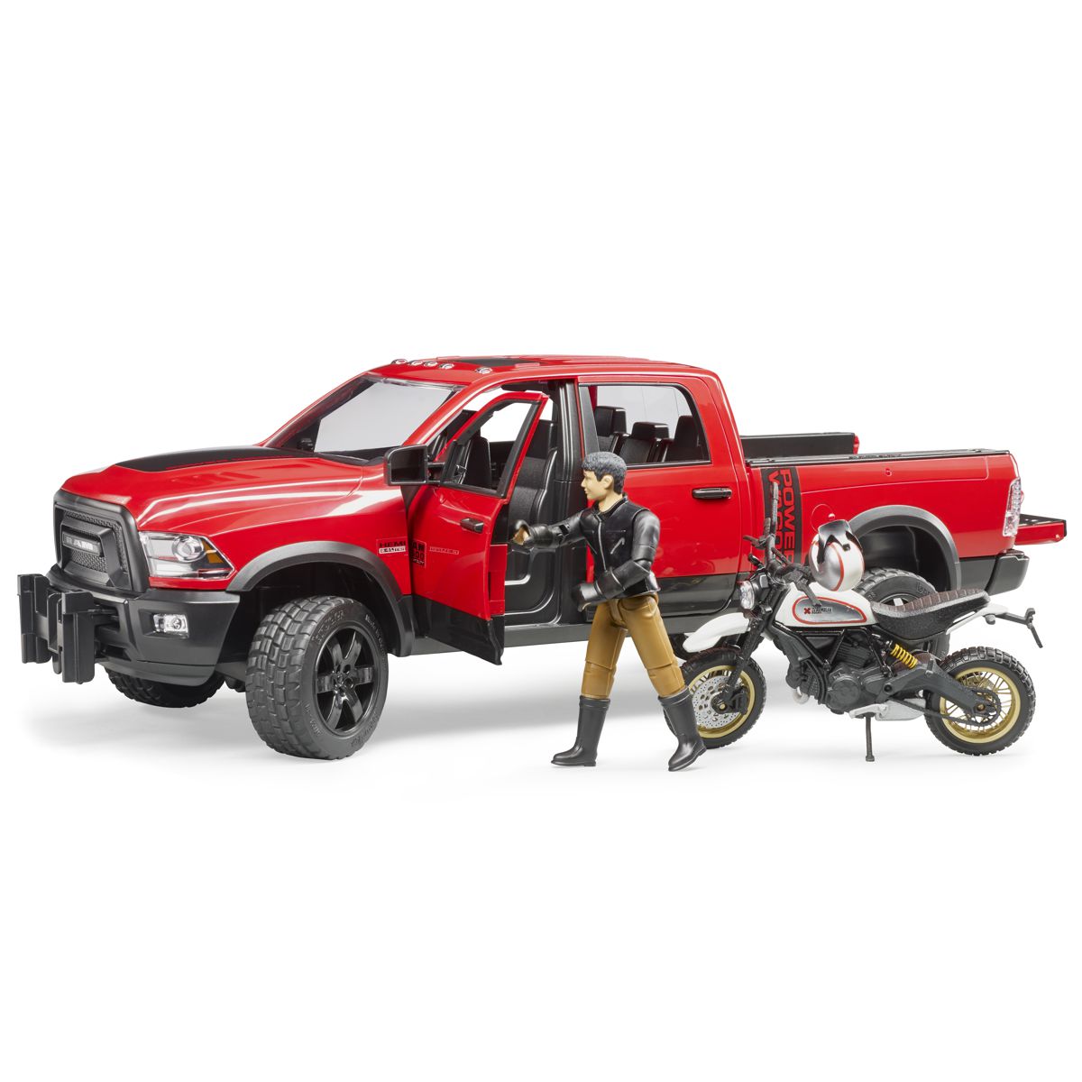 BRUDER 02502 RAM 2500 Power Wagon mit 
Scrambler Ducati Desert Sled und Fahrer