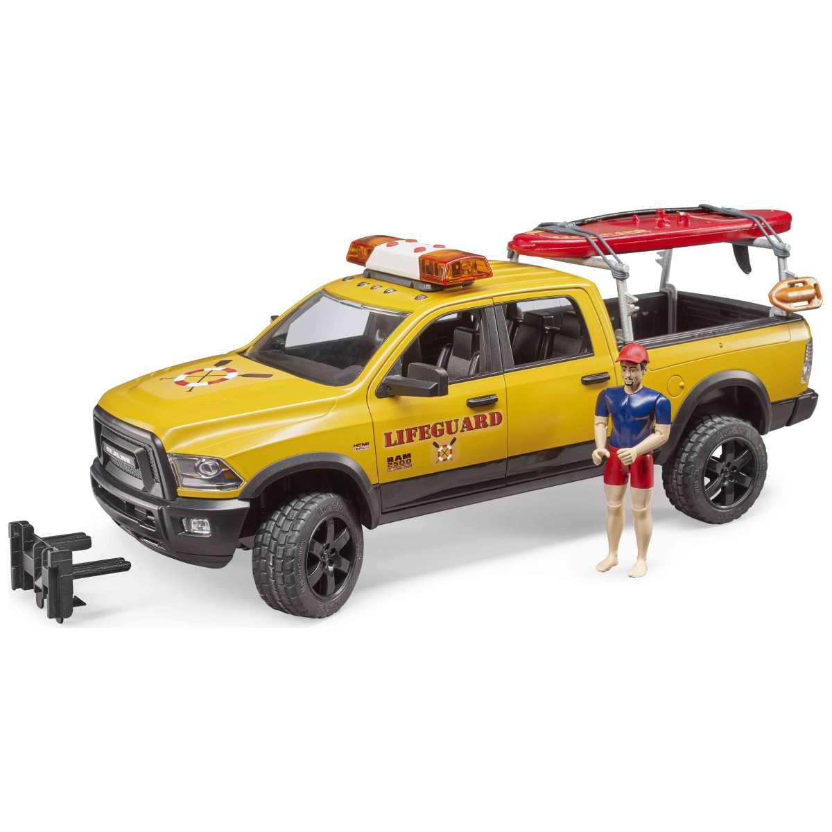 BRUDER 02506 RAM 2500 Power Wagon Life Guard mit Figur, 
Stand Up Paddle und Light & Sound Modul
