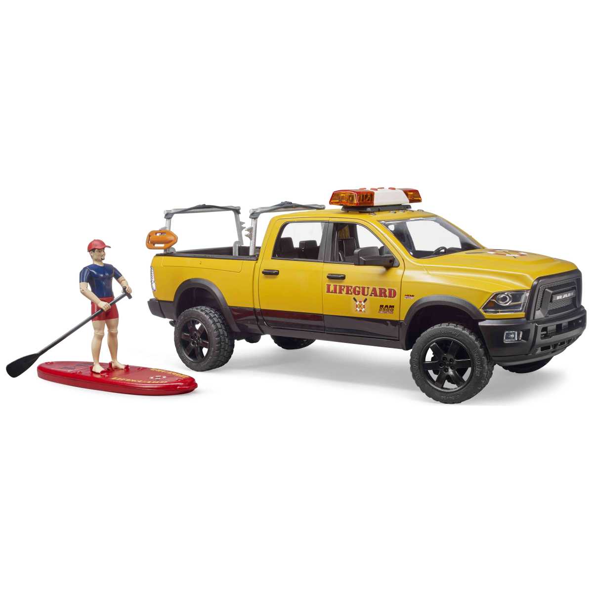 BRUDER 02506 RAM 2500 Power Wagon Life Guard mit Figur, 
Stand Up Paddle und Light & Sound Modul
