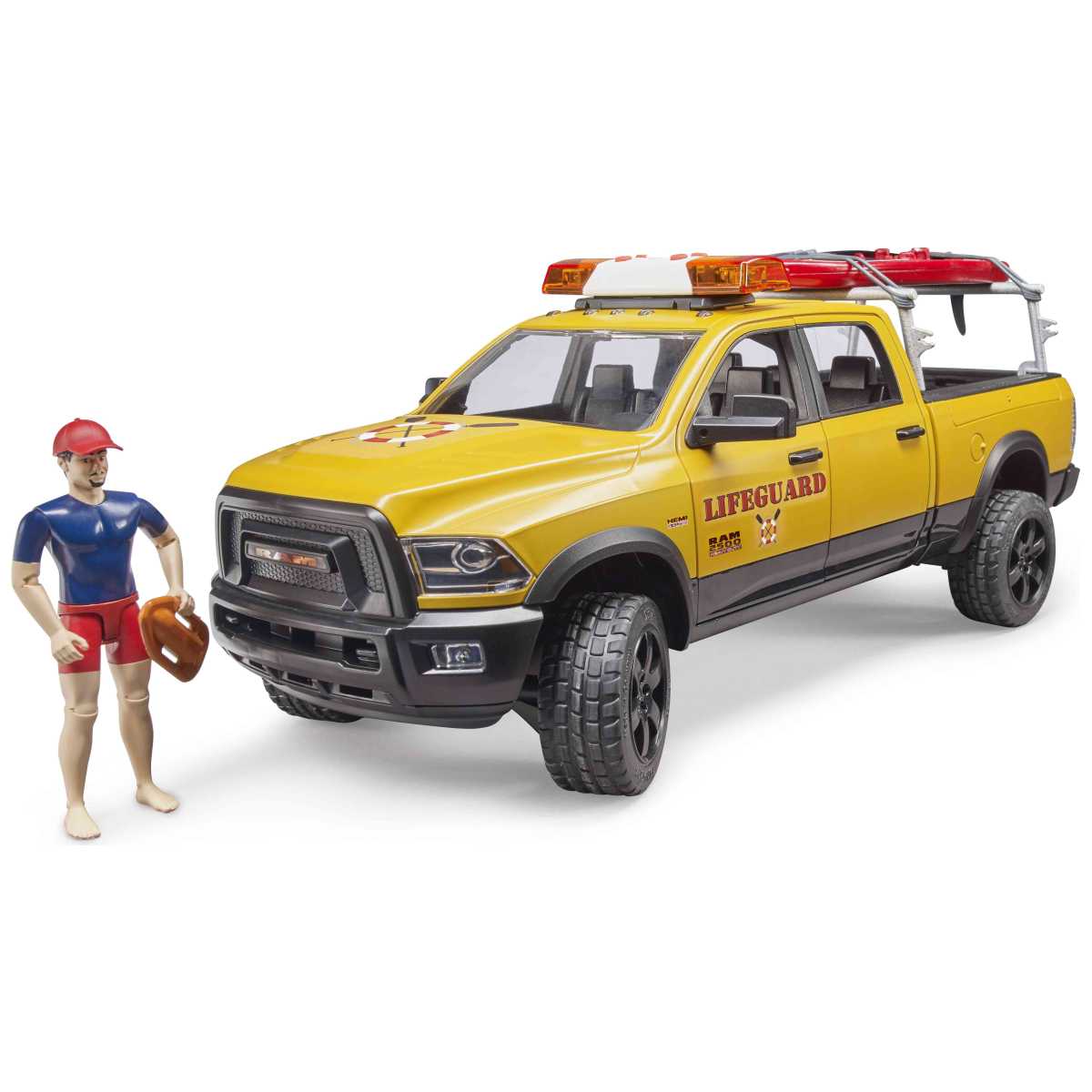 BRUDER 02506 RAM 2500 Power Wagon Life Guard mit Figur, 
Stand Up Paddle und Light & Sound Modul
