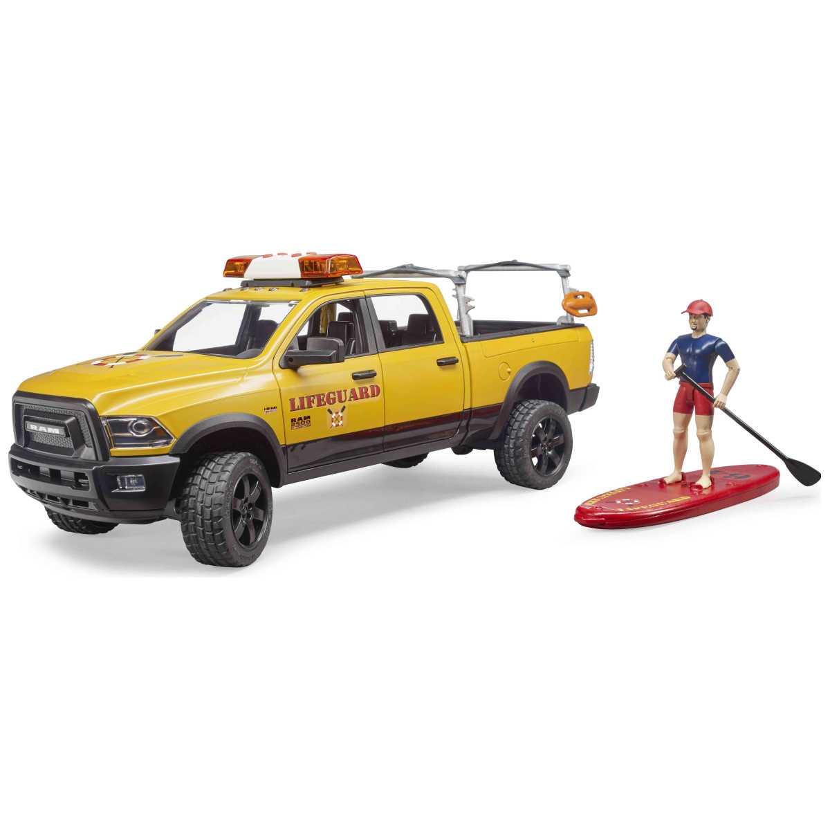 BRUDER 02506 RAM 2500 Power Wagon Life Guard mit Figur, 
Stand Up Paddle und Light & Sound Modul
