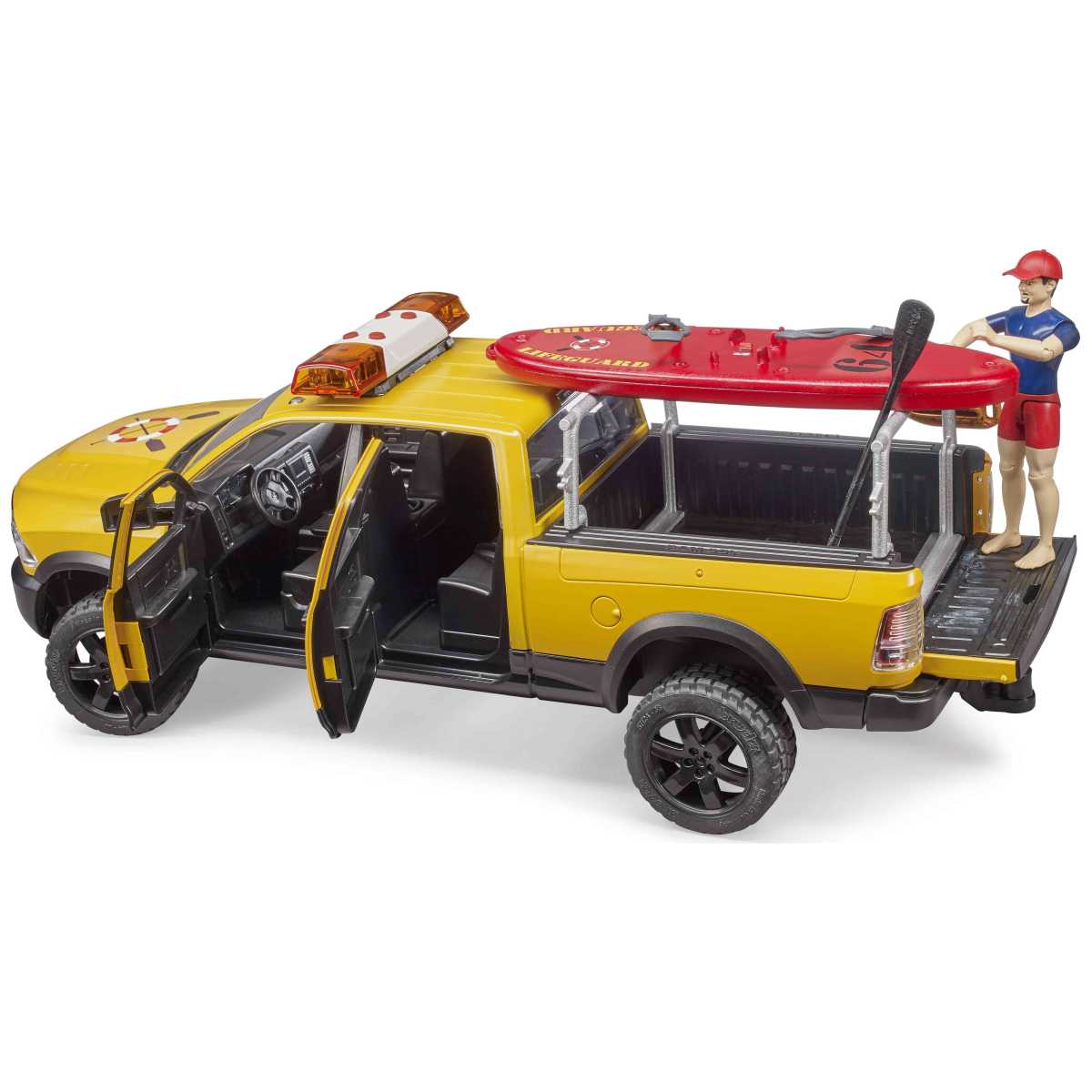 BRUDER 02506 RAM 2500 Power Wagon Life Guard mit Figur, 
Stand Up Paddle und Light & Sound Modul
