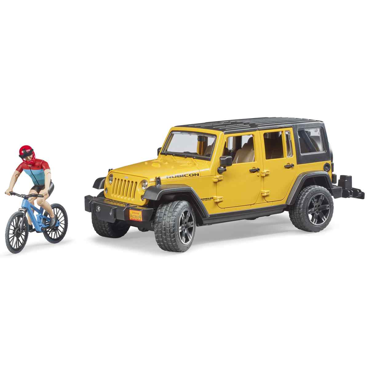 BRUDER 02543 Jeep Wrangler Rubicon Unlimited mit 
Mountainbike und Radfahrer