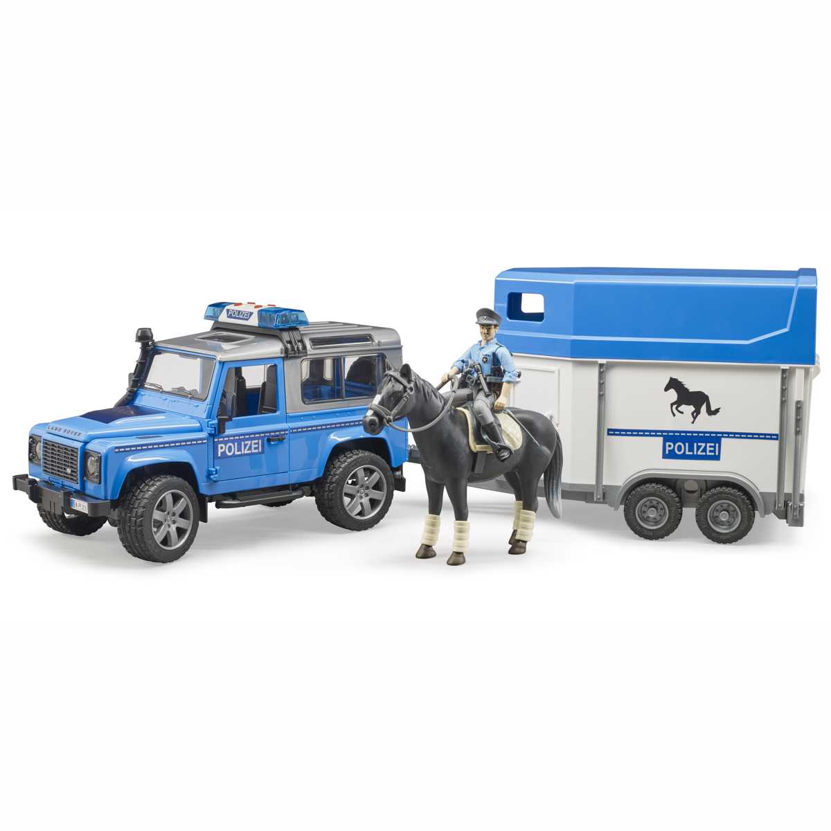 BRUDER 02588 Land Rover Defender Polizeifahrzeug mit Pferdeanhänger und Pferd und Polizist
