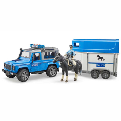 BRUDER 02588 Land Rover Defender Polizeifahrzeug mit Pferdeanhänger und Pferd und Polizist
