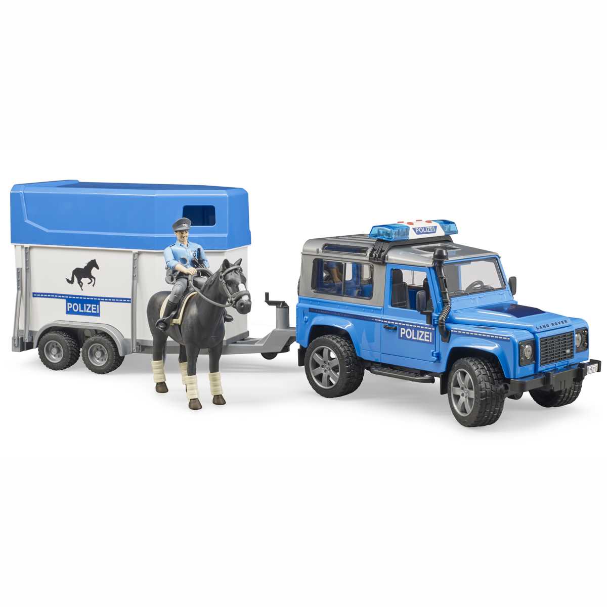 BRUDER 02588 Land Rover Defender Polizeifahrzeug mit Pferdeanhänger und Pferd und Polizist
