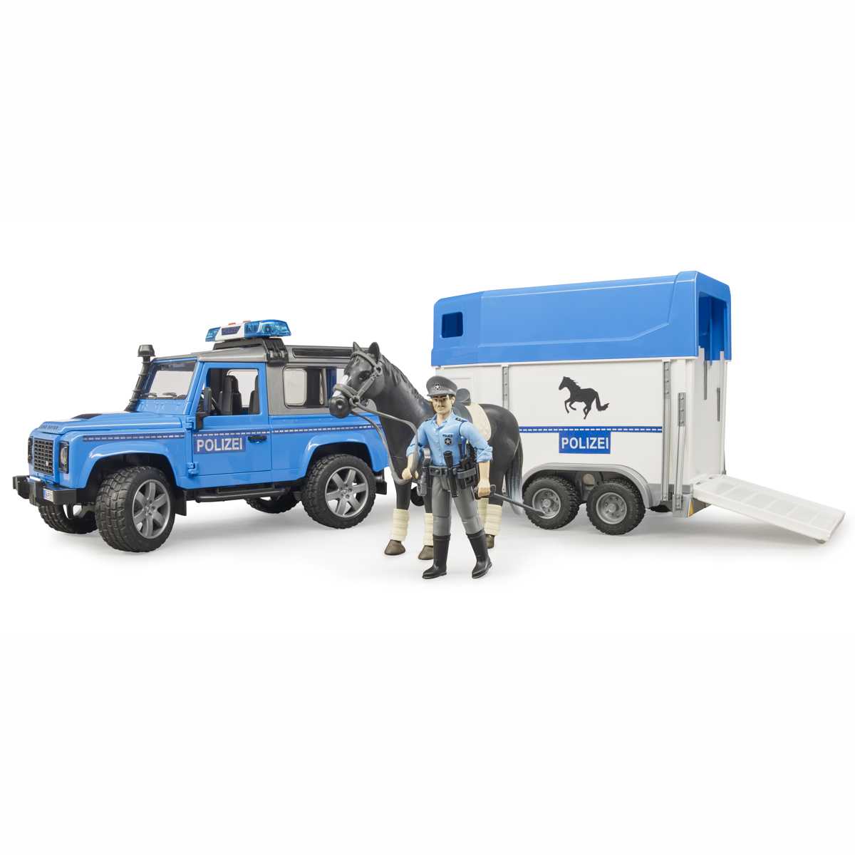 BRUDER 02588 Land Rover Defender Polizeifahrzeug mit Pferdeanhänger und Pferd und Polizist
