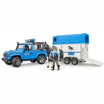 BRUDER 02588 Land Rover Defender Polizeifahrzeug mit Pferdeanhänger und Pferd und Polizist
